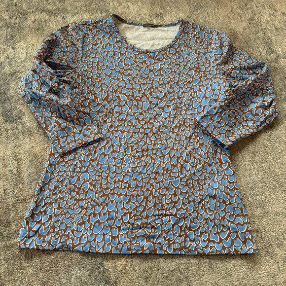 J McLaughlin Catalina Cloth Top Shirt Blue Brown Artsy Abstract 3/4 Sleeve M - Picture 1 of 7